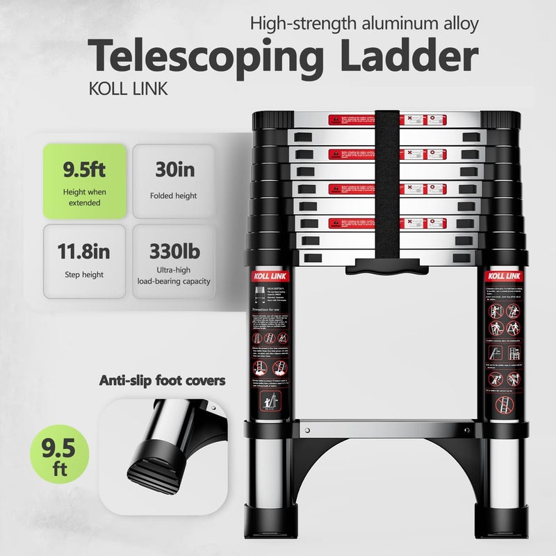 KLINK Telescoping Ladder,9.5 FT Aluminum Lightweight Extension Ladder with 2 Triangle Stabilizers, Heavy Duty 330lbs Max Capacity - Image 4